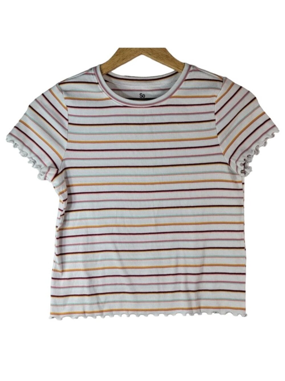SO Girls Stripe Pullover Top Multi SZ 14 XL Short Sleeve Curly Lettuce Hem Trim